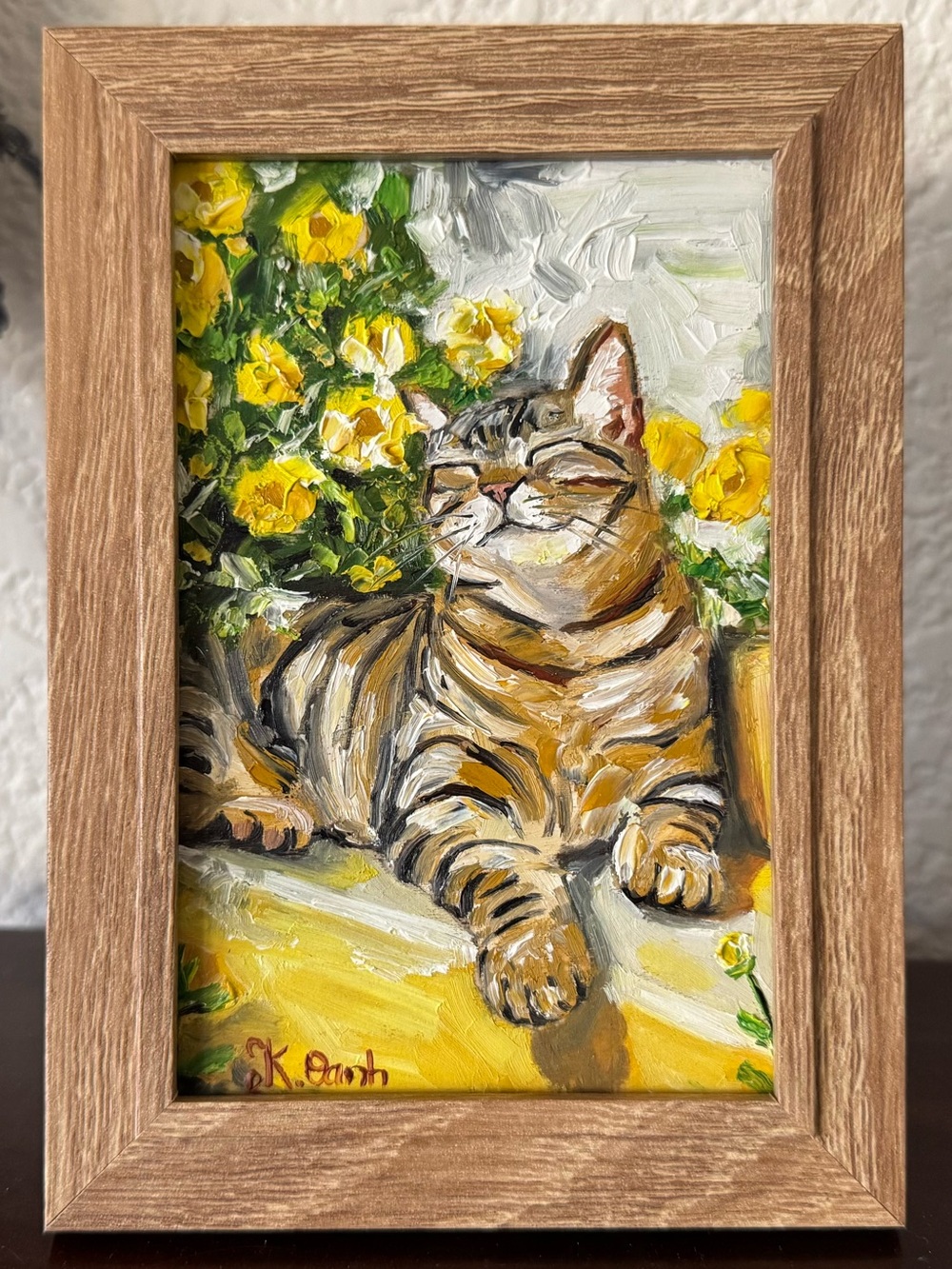 Original oil painting tabby cat sunbathing signed framed 4x6 inches